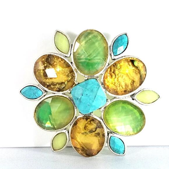 Vintage Liz Claiborne Faux Gemstone Brooch, Glass Cabs, 1990s, 2 1/4 Inches - Picture 2 of 10